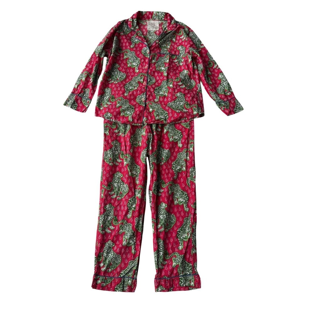 Printfresh Tiger Pajama Set Pink Green Button Front Sleepwear Women’s S